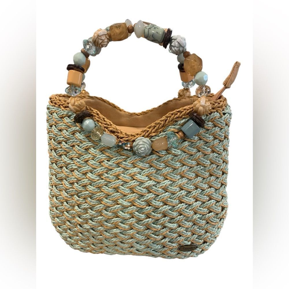 Cappelli Straworld Tan and Teal Blue Woven  Bag with Beaded Embellishments